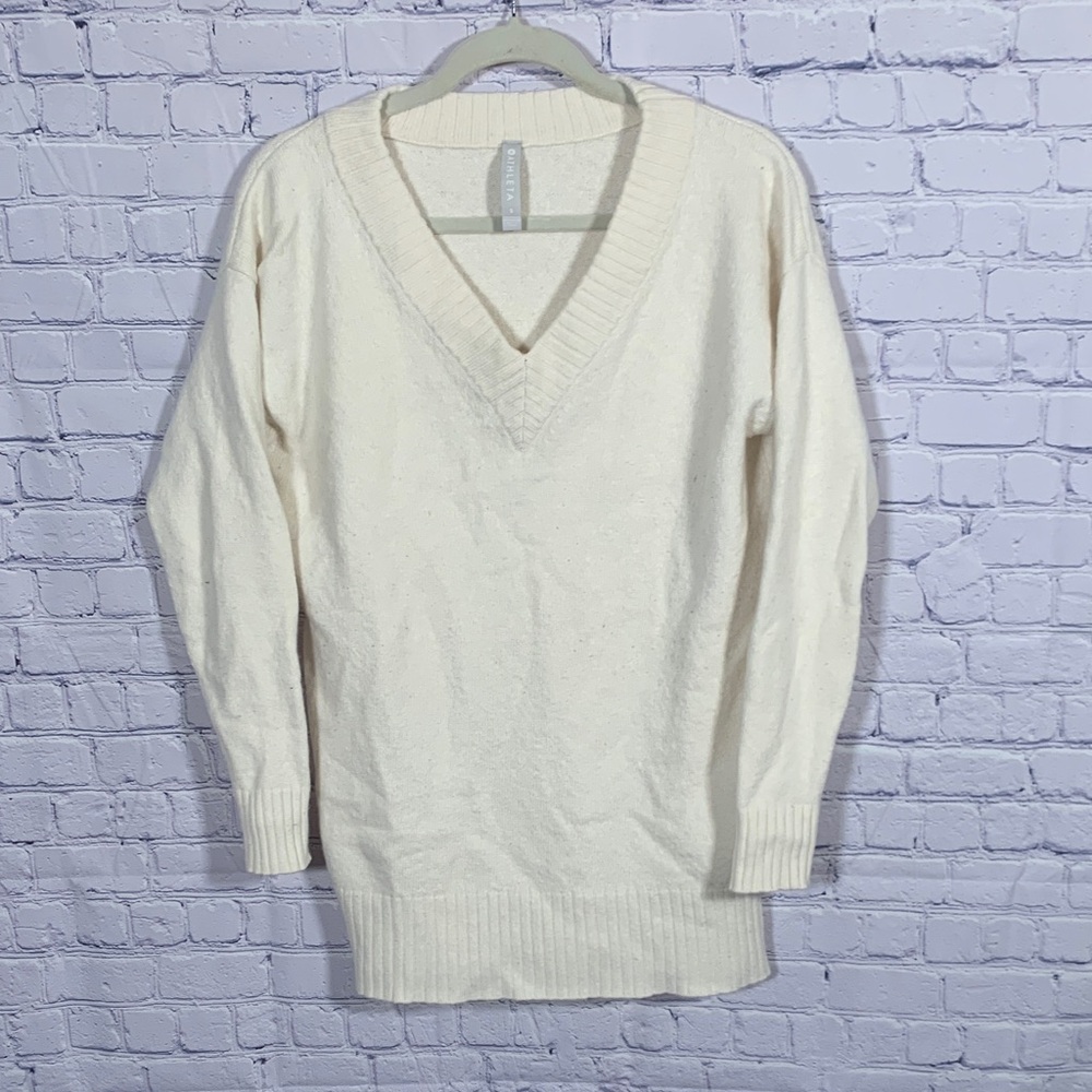 Athleta Womens Cashmere Blend V-neck Long Length Sweater Cream Size S Casual